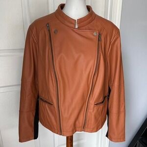Faux Leather Motorcycle Jacket G by Giuliana Cognac Brown 1X